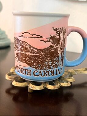 Vintage North Carolina Dixie Japan Souvenir Mug Retro Mountain Scene Pink & Blue